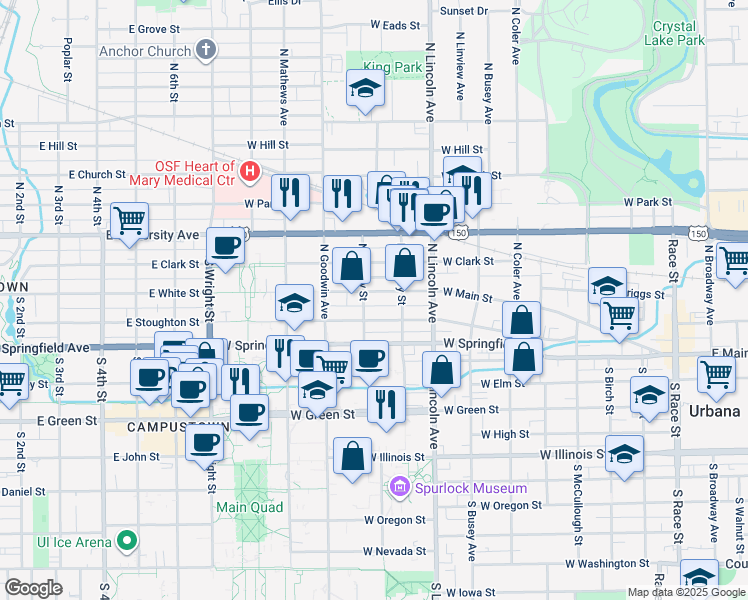map of restaurants, bars, coffee shops, grocery stores, and more near 1102 West Main Street in Urbana