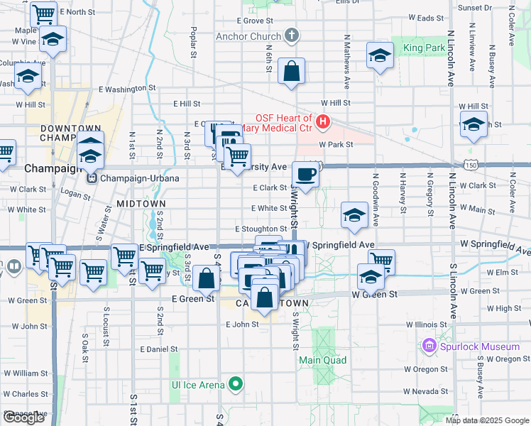 map of restaurants, bars, coffee shops, grocery stores, and more near 602 East White Street in Champaign