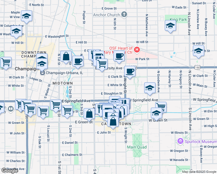 map of restaurants, bars, coffee shops, grocery stores, and more near 504 East White Street in Champaign