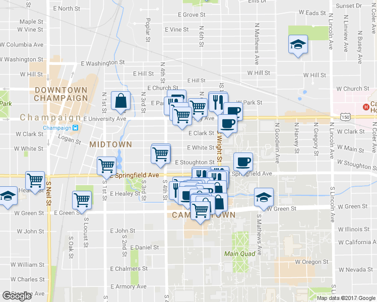 map of restaurants, bars, coffee shops, grocery stores, and more near 504 East White Street in Champaign