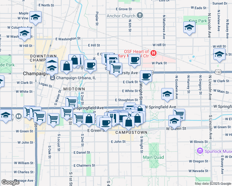 map of restaurants, bars, coffee shops, grocery stores, and more near 404 East White Street in Champaign