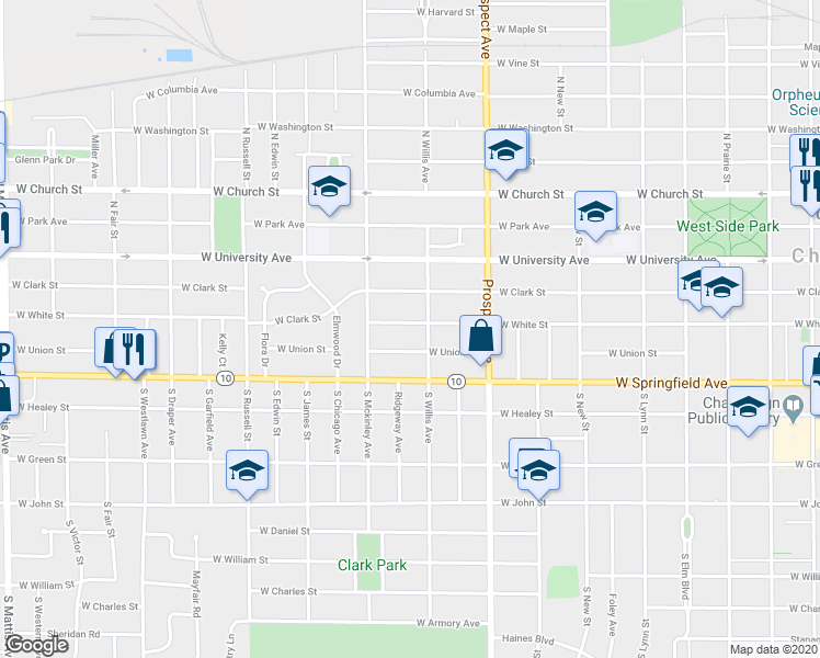 map of restaurants, bars, coffee shops, grocery stores, and more near 1010 West White Street in Champaign