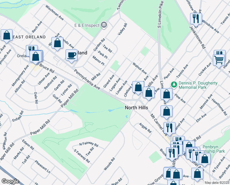 map of restaurants, bars, coffee shops, grocery stores, and more near 110 Linden Avenue in Glenside