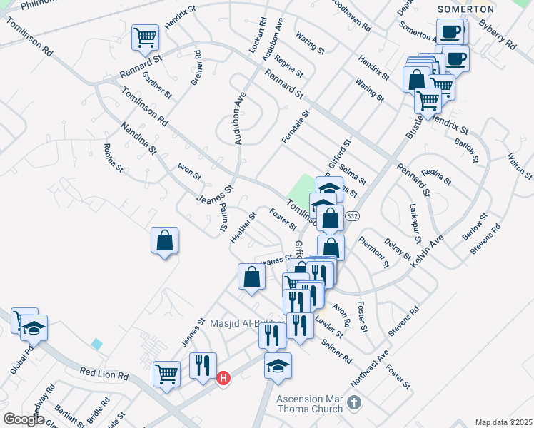 map of restaurants, bars, coffee shops, grocery stores, and more near 609 Lawler St in Philadelphia