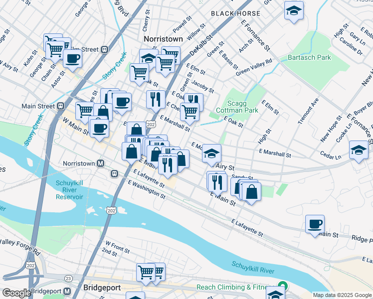 map of restaurants, bars, coffee shops, grocery stores, and more near 314 East Moore Street in Norristown