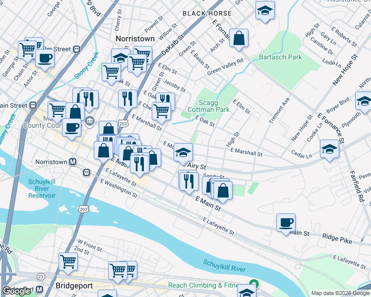 map of restaurants, bars, coffee shops, grocery stores, and more near 352 East Marshall Street in Norristown