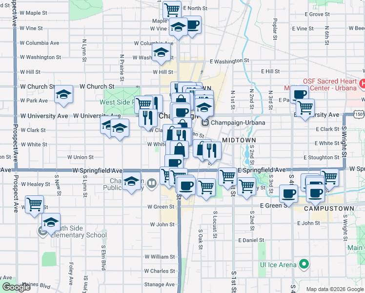 map of restaurants, bars, coffee shops, grocery stores, and more near in Champaign