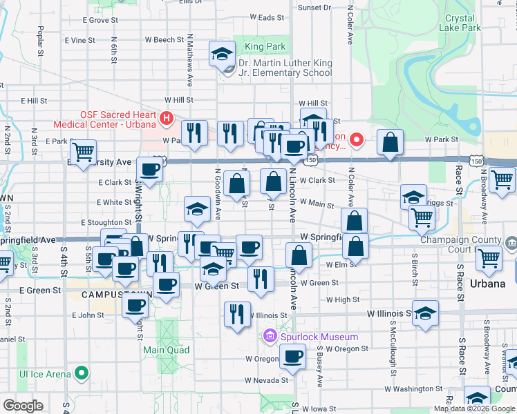 map of restaurants, bars, coffee shops, grocery stores, and more near 1007 West Main Street in Urbana