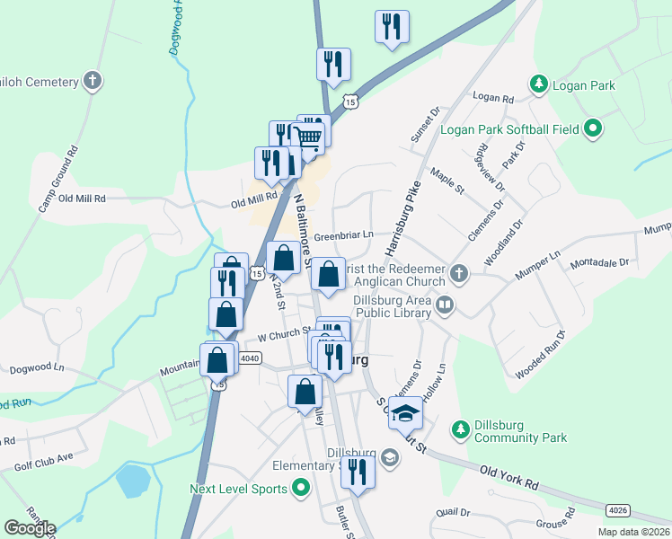 map of restaurants, bars, coffee shops, grocery stores, and more near 7 Impala Drive in Dillsburg