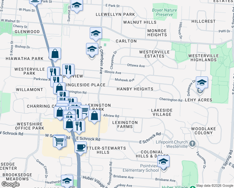 map of restaurants, bars, coffee shops, grocery stores, and more near 212 Cherrington Road in Westerville