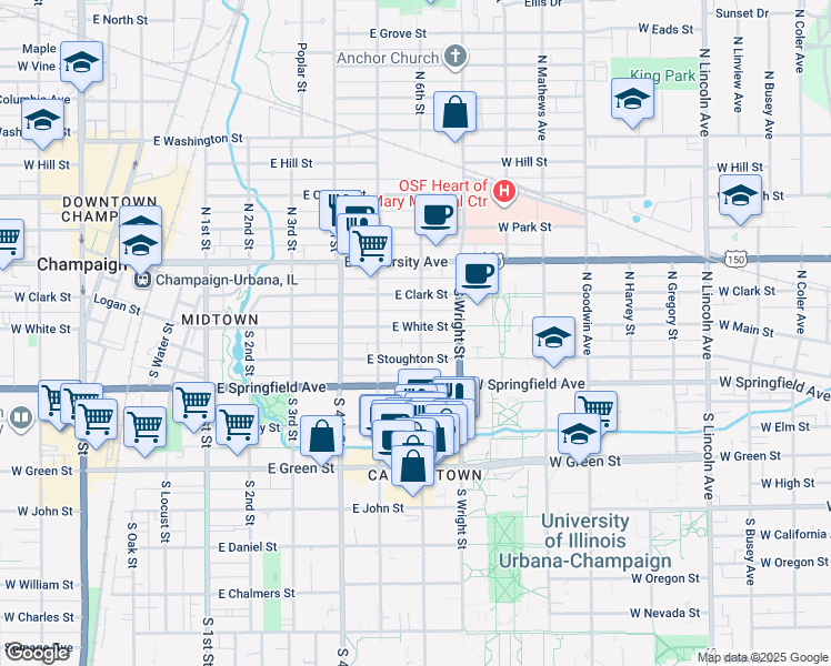 map of restaurants, bars, coffee shops, grocery stores, and more near 511 East White Street in Champaign