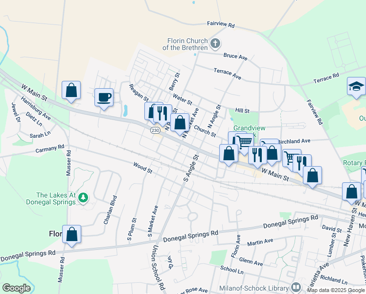 map of restaurants, bars, coffee shops, grocery stores, and more near 744 West Main Street in Mount Joy