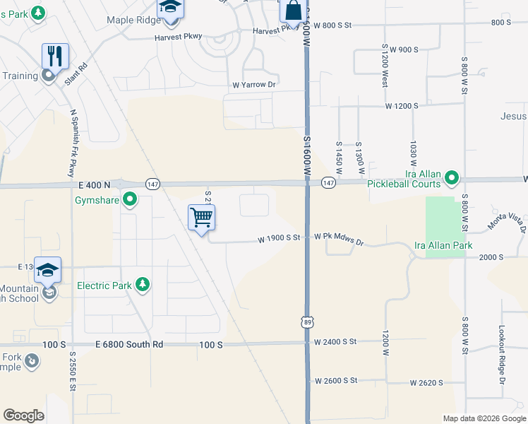 map of restaurants, bars, coffee shops, grocery stores, and more near 1806 West 1900 South Street in Mapleton