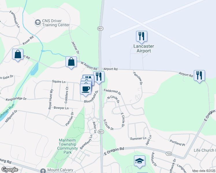 map of restaurants, bars, coffee shops, grocery stores, and more near 3111 Lititz Pike in Lititz
