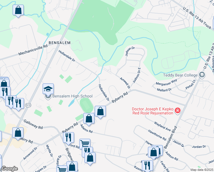 map of restaurants, bars, coffee shops, grocery stores, and more near 120 Casey Lane in Bensalem