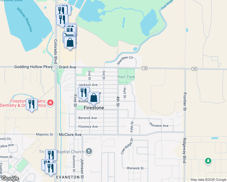 map of restaurants, bars, coffee shops, grocery stores, and more near 353 Monmouth Avenue in Firestone