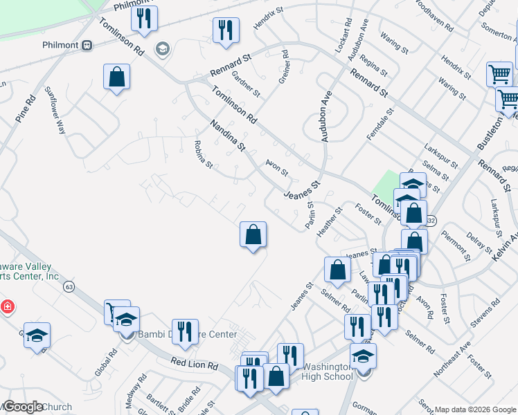 map of restaurants, bars, coffee shops, grocery stores, and more near 10654 Halstead Street in Philadelphia