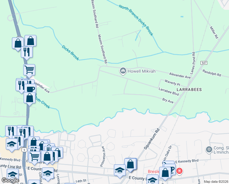map of restaurants, bars, coffee shops, grocery stores, and more near 286 Bry Avenue in Howell Township