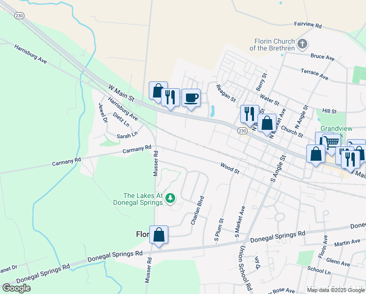 map of restaurants, bars, coffee shops, grocery stores, and more near 1047 Wood Street in Mount Joy