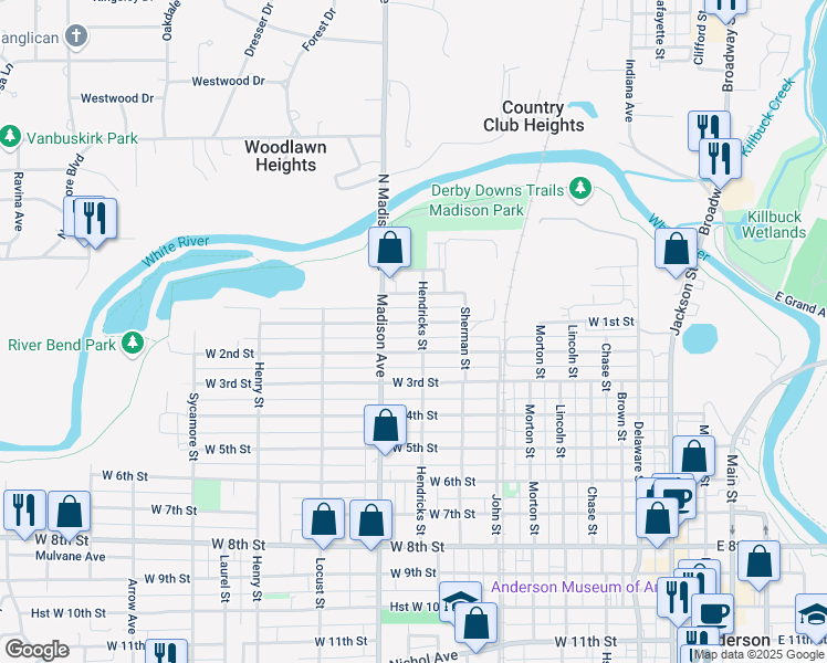 map of restaurants, bars, coffee shops, grocery stores, and more near 105 Hendricks Street in Anderson