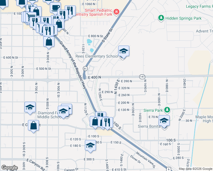map of restaurants, bars, coffee shops, grocery stores, and more near 372 North 1360 East in Spanish Fork