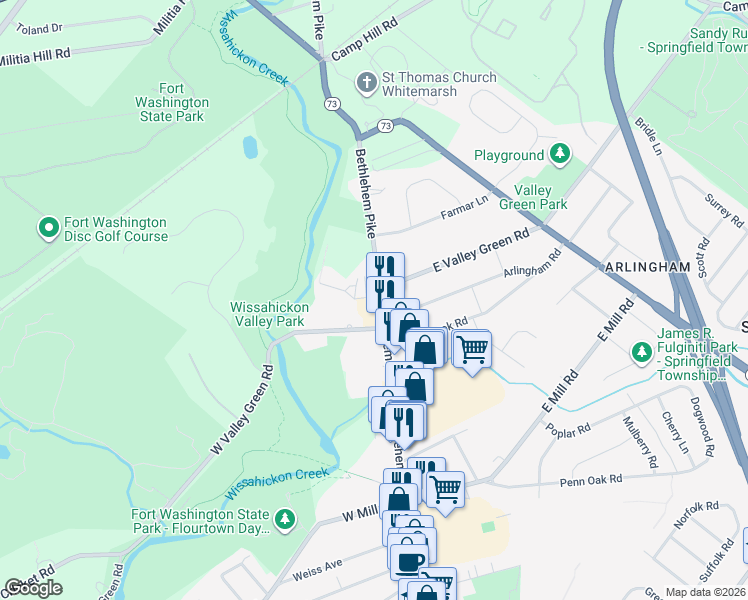 map of restaurants, bars, coffee shops, grocery stores, and more near 6201 Henry Lane in Flourtown
