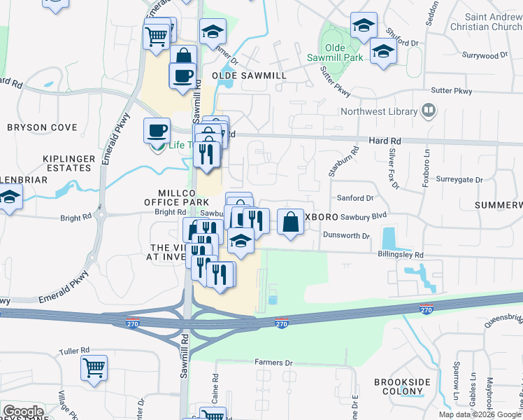 map of restaurants, bars, coffee shops, grocery stores, and more near 2649 Sandbury Boulevard in Columbus