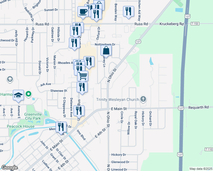 map of restaurants, bars, coffee shops, grocery stores, and more near 1033 North Ohio Street in Greenville