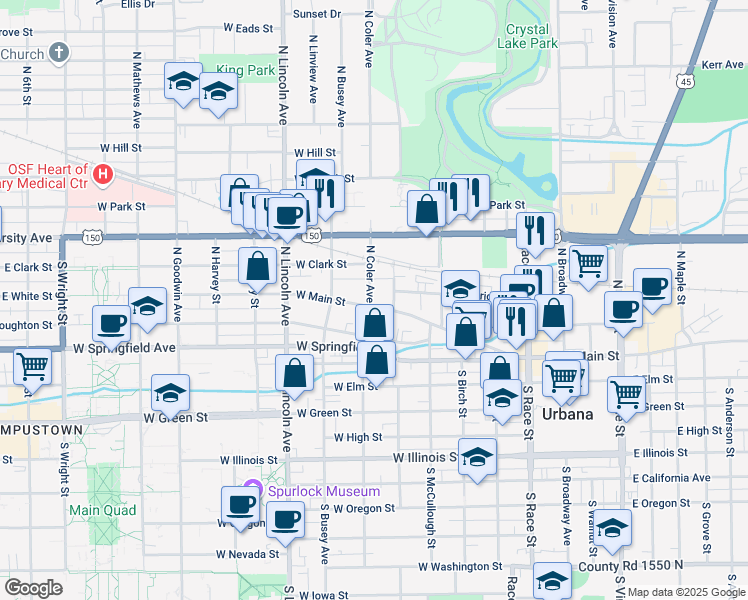 map of restaurants, bars, coffee shops, grocery stores, and more near 303 North Orchard Street in Urbana