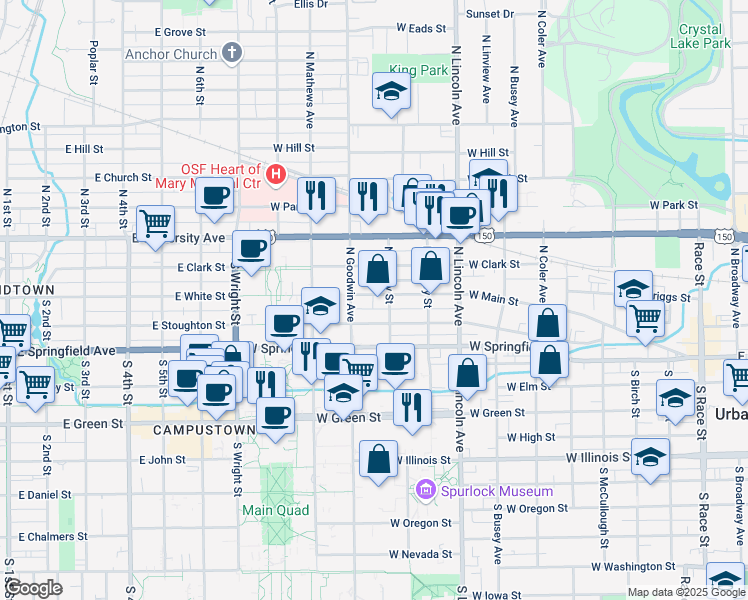 map of restaurants, bars, coffee shops, grocery stores, and more near 1102 West Main Street in Urbana