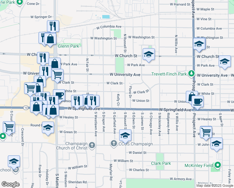 map of restaurants, bars, coffee shops, grocery stores, and more near 302 South Garfield Avenue in Champaign