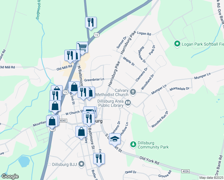 map of restaurants, bars, coffee shops, grocery stores, and more near 108 Mumper Lane in Dillsburg