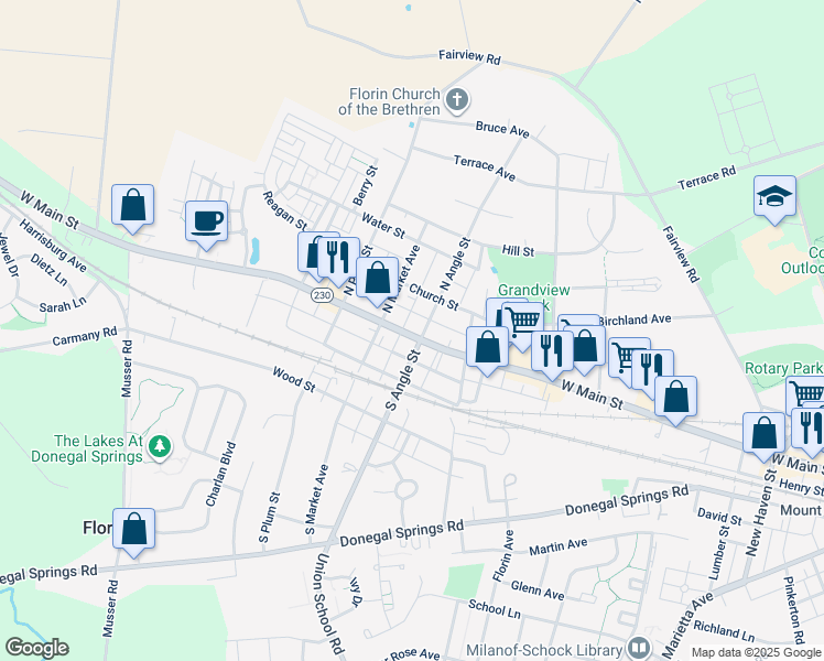 map of restaurants, bars, coffee shops, grocery stores, and more near 709 West Main Street in Mount Joy