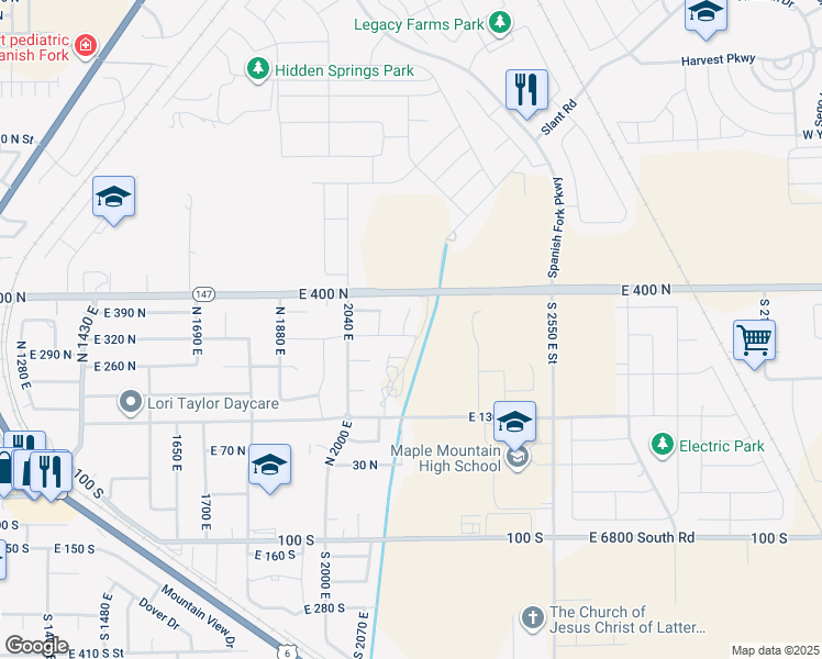 map of restaurants, bars, coffee shops, grocery stores, and more near 2281 East 320 North in Spanish Fork