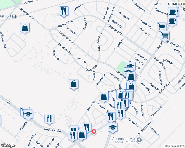map of restaurants, bars, coffee shops, grocery stores, and more near 489 Parlin Street in Philadelphia