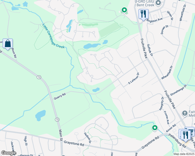 map of restaurants, bars, coffee shops, grocery stores, and more near 826 Bent Creek Drive in Lititz