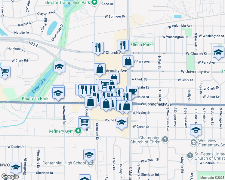 map of restaurants, bars, coffee shops, grocery stores, and more near 301 South Mattis Avenue in Champaign