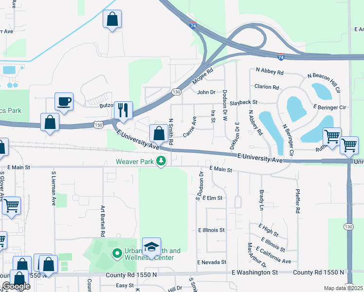 map of restaurants, bars, coffee shops, grocery stores, and more near 2306 East University Avenue in Urbana