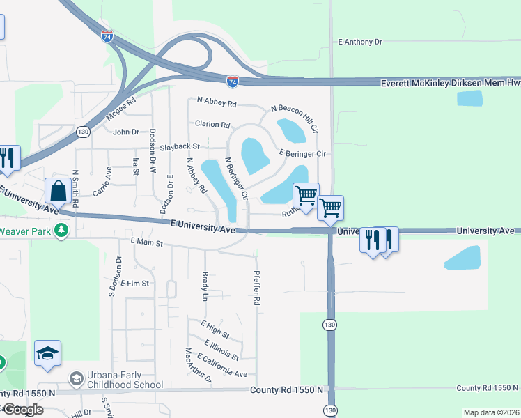 map of restaurants, bars, coffee shops, grocery stores, and more near 2906 Rutherford Drive in Urbana