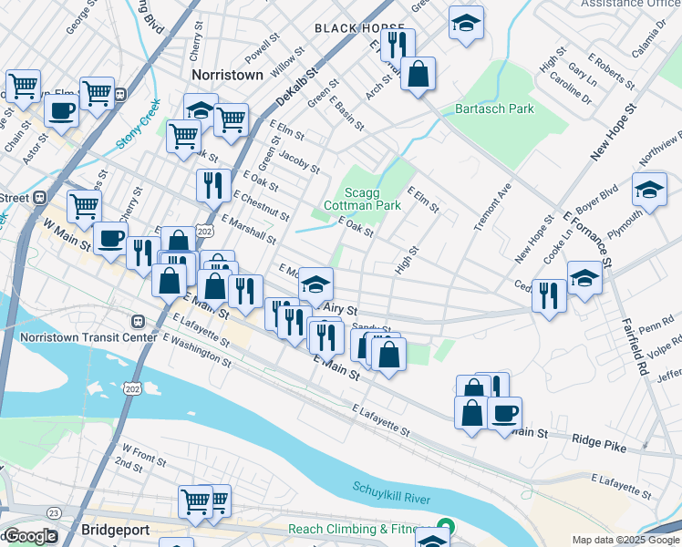 map of restaurants, bars, coffee shops, grocery stores, and more near 424 East Marshall Street in Norristown