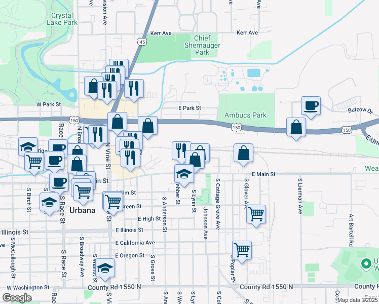 map of restaurants, bars, coffee shops, grocery stores, and more near 113 N Lynn St in Urbana