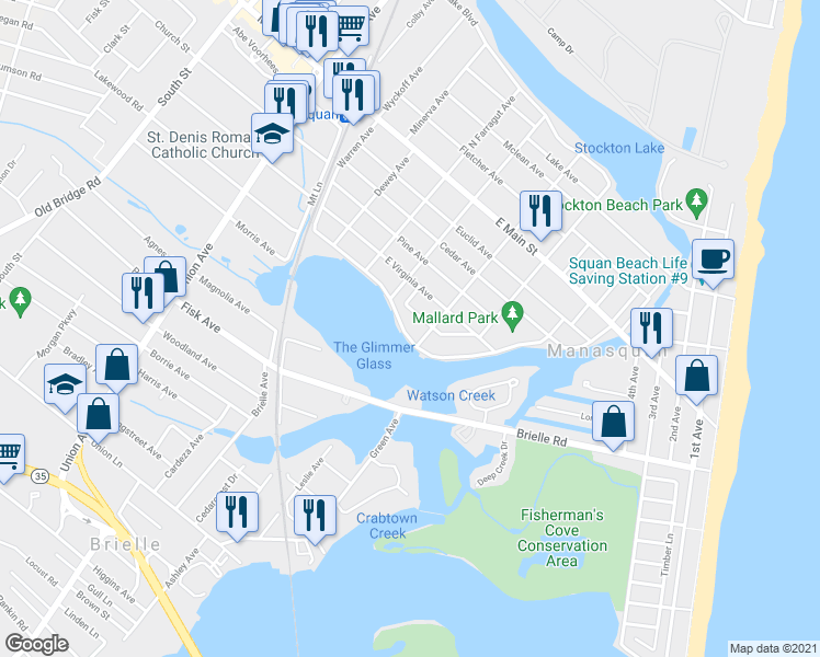 map of restaurants, bars, coffee shops, grocery stores, and more near 372 Perrine Boulevard in Manasquan