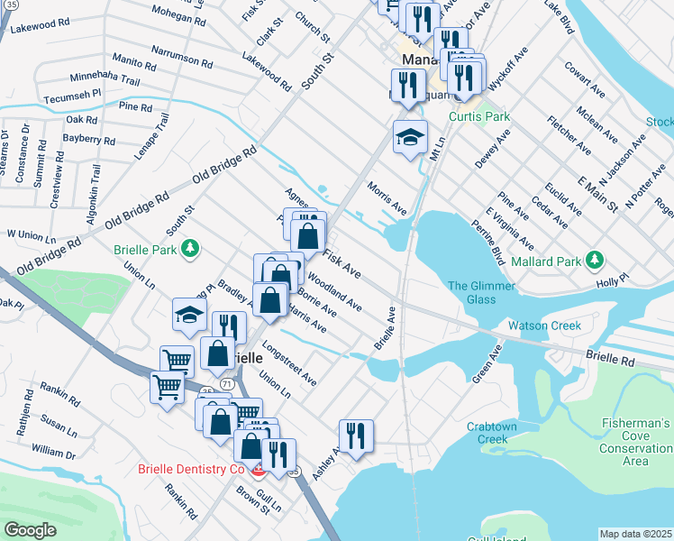map of restaurants, bars, coffee shops, grocery stores, and more near 529 Fisk Avenue in Brielle