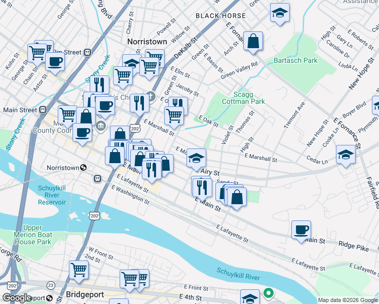 map of restaurants, bars, coffee shops, grocery stores, and more near 352 East Marshall Street in Norristown