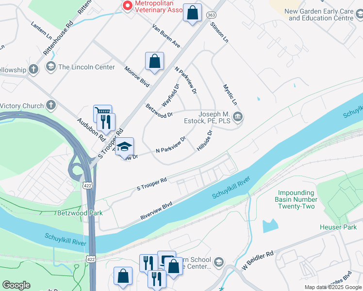 map of restaurants, bars, coffee shops, grocery stores, and more near 2401 Parkview Drive in Haverford