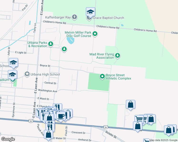 map of restaurants, bars, coffee shops, grocery stores, and more near 914 Boyce Street in Urbana