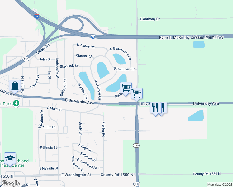map of restaurants, bars, coffee shops, grocery stores, and more near 2924 Rutherford Drive in Urbana