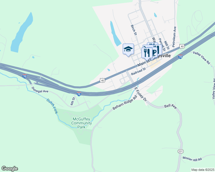 map of restaurants, bars, coffee shops, grocery stores, and more near 25 Noble Lane in Claysville