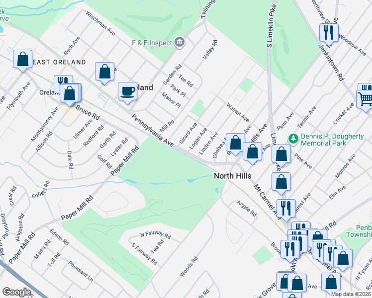 map of restaurants, bars, coffee shops, grocery stores, and more near 3227 Pennsylvania Avenue in Glenside