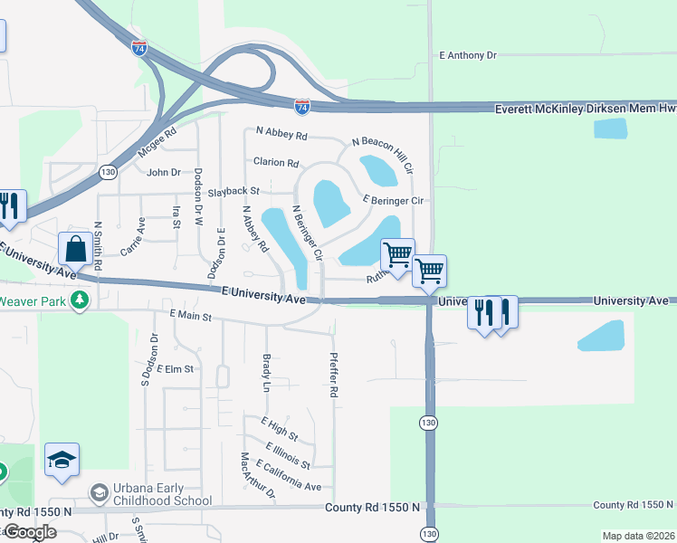 map of restaurants, bars, coffee shops, grocery stores, and more near 2906 Rutherford Drive in Urbana